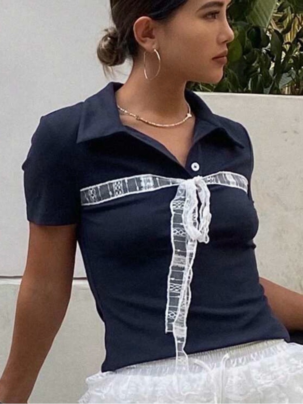 Navy Short-Sleeve Polo Top with White Lace Tie